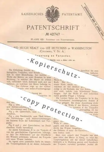 original Patent - Sid Hugh Nealy & Lee Hutchins , Washington , Columbia , USA , 1887 , Torpedos , Torpedos , Schiffe !!