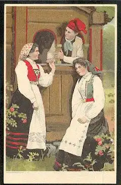 Zwei Frauen und ein Mann in Tracht. Litho.