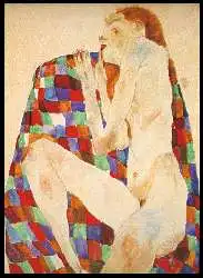 x05364; Egon Schiele, Weiblicher Akt auf bunter Decke, 1911.