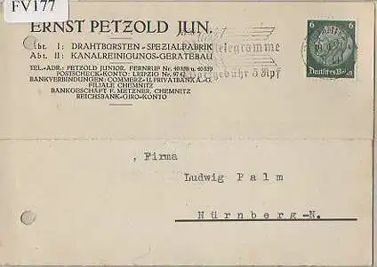 x15777; Firmenkarten; Chemnitz. Ernst Petzold Jun., Drahtbörsten Spezialfabrik