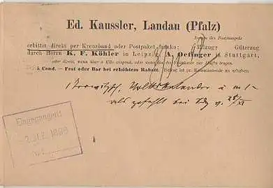 x15841; Firmenkarten; Landau (Pfalz ) Ed. Kausler. (Bücherzettel v. 1898)