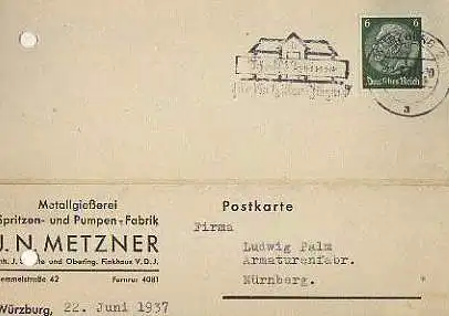 x15910; Firmenkarten; Würzburg. J.N.Metzner. Metallgießerei, Spritzen, und Pumpen Fabrik