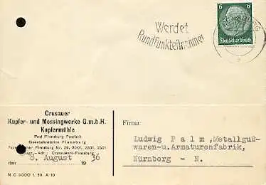 x16052; Funk Stempel: Werdet Rundfunkteilnehmer .Flensburg 8.8.36; (gelocht).