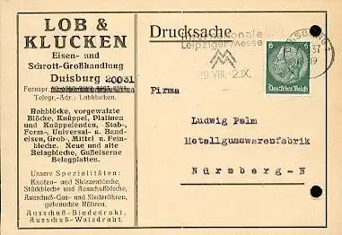 x16133; Messe Stempel: Internationale Leipziger Messe 29.VIII  2.IX..Duisburg 7.8.38