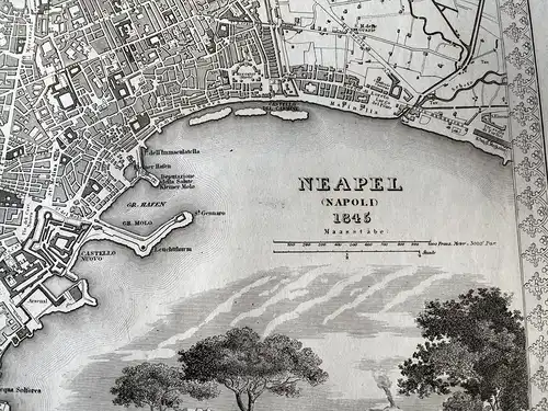 Stahlstich Stadtkarte von Neapel (Napoli) aus Meyer's Handatlas 1845 (Original)  35 x 40 cm