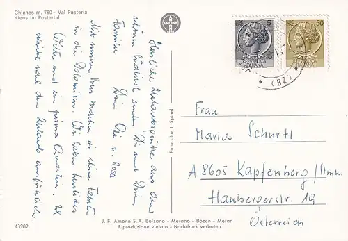 237 - Italien - Kiens im Pustertal , Chienes - gelaufen 1972