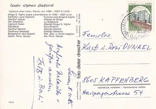 244 - Italien - Meran , Merano , Vigiljoch ober Lana , Mehrbildkarte  - gelaufen 1985