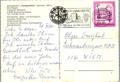 4870  - Steiermark , Deutschlangsberg , Trahütten , Rostock , Alpengasthof Koralpenblick , Ella Kiegerl - gelaufen 1981