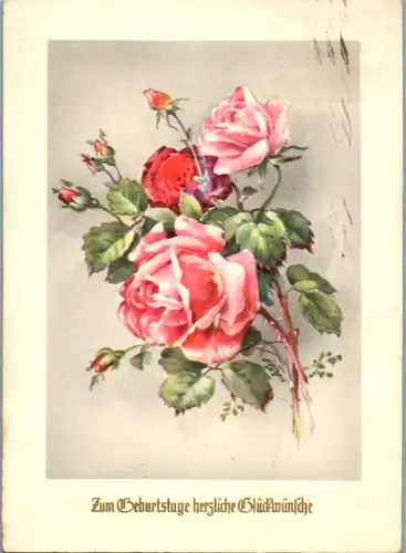 10865 -  - Zum Geburtstage herzliche Glückwünsche , Rosen , Blumen - gelaufen 1955