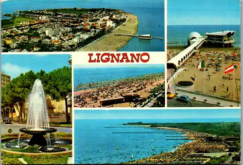 13242 - Italien - Lignano , La Spaggia con la nuova Terazza a mare , Fontana , Pineta , Mehrbildkarte - gelaufen 1980