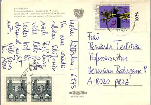 22631 - Slowakei - Bratislava , Dunajske nabrezie , v pozadi hrad , Mala scena SND , Obchodny dom Prior , Mehrbildkarte - gelaufen 1975