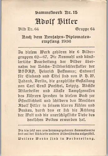 35505 - Sammelbilder - Sammelwerk Nr. 15 , Adolf Hitler , Gruppe 64 , Bild Nr.: 64 , Nach dem Neujahrs-Diplomatenempfang 1936