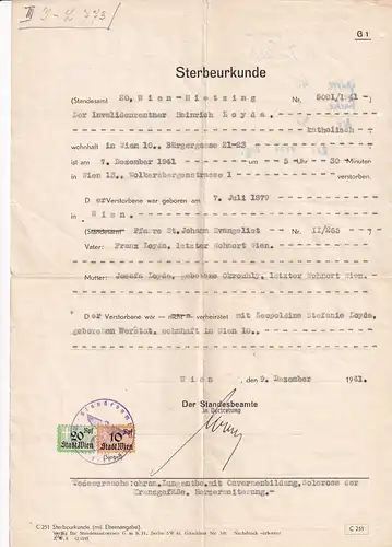 37442 -  - Sterbeurkunde , Wien , Stempelmarke -  1941