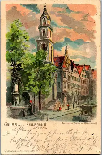 37471 - Deutschland - Heilbronn am Neckar , Gruss aus , Brunnen u. Turm am Hafenmarkt - gelaufen