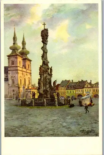 39197 - Deutschland - Kaaden a. d. Eger , Stadtkirche mit Dreifaltigkeitssäule - gelaufen 1942