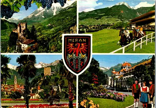 45329 - Italien - Meran , Brunnenburg , Pferderennbahn , Kurpromenade , Mehrbildkarte - gelaufen 1972