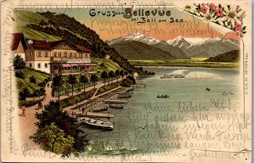 46543 - Salzburg - Zell am See , Gruss vom Bellevue , l. beschädigt - gelaufen 1901