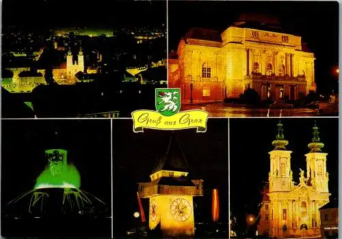 46678 - Steiermark - Graz , Altstadt , Opernhaus , Stadtparkbrunnen , Uhrturm , Mariahilfkirche , Mehrbildk. - gelaufen