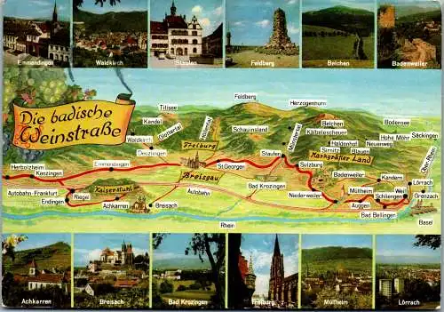 47922 - Deutschland - Landkarte , Die Badische Weinstraße , Freiburg , Breisgau , Markgräfler Land - gelaufen 1969