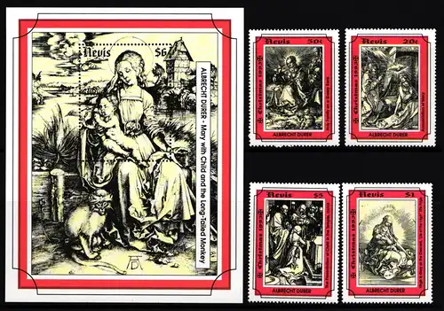 Nevis 779, 781, 783, 786 und Block 69 postfrisch Albrecht Dürer #IH891