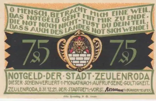 Zeulenroda Notgeld der Stadt über 75 Pfennig 90.162