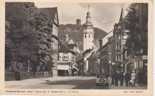 Durlach (Karlsruhe) Pfinztal-Straße mit Stadtkirche und Turmberg gl1943 225.859