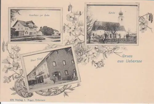 Übersee LITHO Gasthaus zur Bahn, Kirche, Haus Niggl ngl 227.725