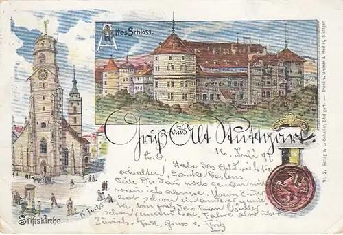 Stuttgart, Stiftskirche und Altes Schloss, Litho gl1897 E7026