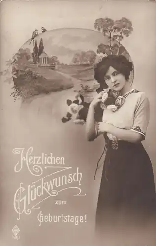 Geburtstag-Wünsche Dame und Landschaft feldpgl1915 E7431