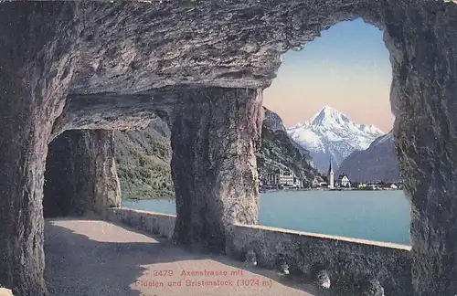 Axenstraße mit Vierwaldstättersee mit Flüelen und Bristenstock gl1927 E6017