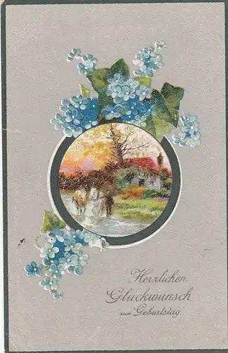 Geburtstag-Wünsche mit Dorf-Idyll und Blumen feldpgl1918 E8219