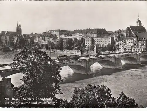 Basel, Mittlere Rheinbrücke mit Martinskirche und Münster gl1954 F4160