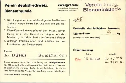 Romanshorn - Honig Kontrollkarte 1946 -196532