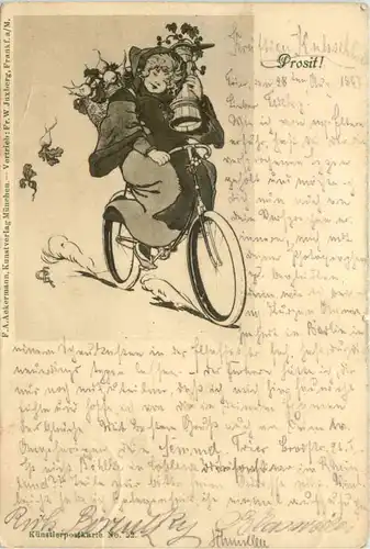 Frau auf Fahrrad - Künstler AK -650182