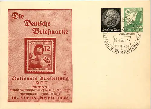 Berlin - Briefmarke Nationale Ausstellung 1937 mit SST - Ganzsache PP 145 C3 -651462