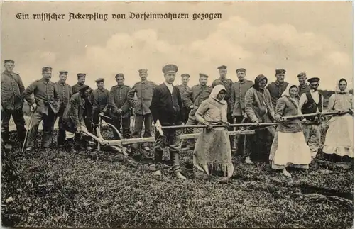 Ein russischer Ackerpflug von Dorfeinwohnern gezogen - Feldpost Landsturm Inf Reg. 104 -654516