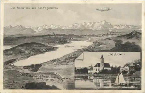 Gruss vom Ammersee aus der Vogelschau - St. Alban - Künstler Ak Eugen Felle -675500