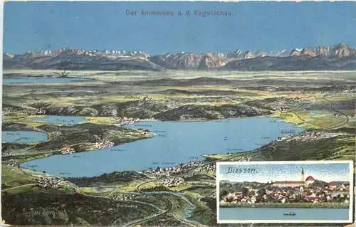 Der Ammersee aus der Vogelschau Diessen - Künstler Ak Eugen Felle -675494