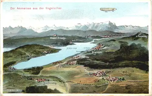 Der Ammersee aus der Vogelschau - Künstler Ak Eugen Felle -675614