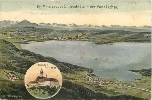 Der Ammersee aus der Vogelschau - Künstler Ak Eugen Felle -675492