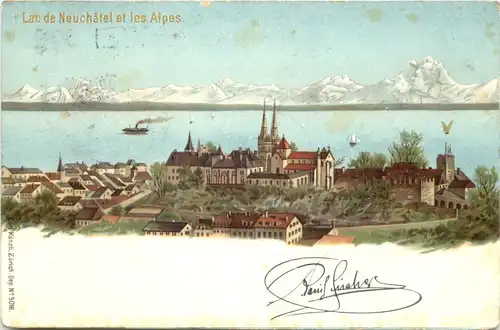 Lac de Neuchatel et les Alpes - Litho -681704