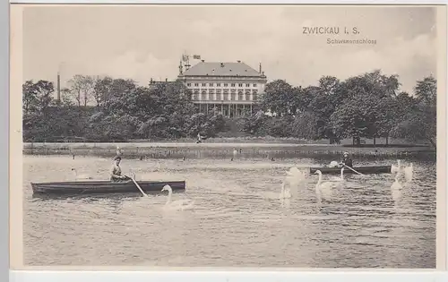 (101704) AK Zwickau i.Sa., Schwanenschloss, Schwäne, Ruderboote, vor 1945