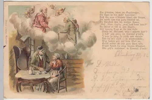 (93498) AK Pärchen im Greisenalter, Gott m. Engel, Spruch 1899