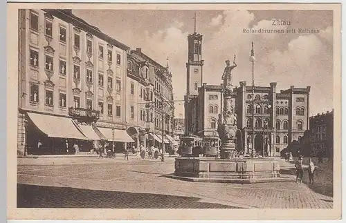 (39868) AK Zittau, Rolandbrunnen mit Rathaus 1922