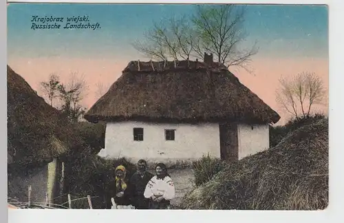 (109888) AK Russische Landschaft, Krajobraz wiejski, Menschen vor Hütten 1918
