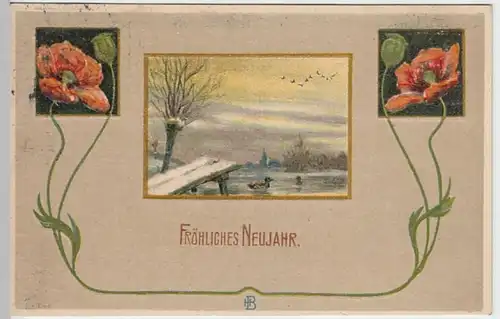(25282) Künstler AK Neujahr, Prägekarte, Mohn, Gewässer, Steg 1908