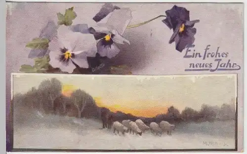 (12903) Künstler AK Neujahr, Schafe, Stiefmütterchen 1908