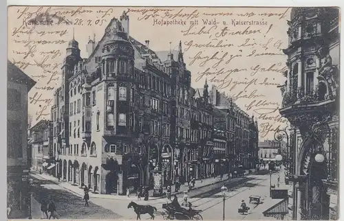 (104598) AK Karlsruhe, Hofapotheke mit Waldstraße u. Kaiserstraße, 1905