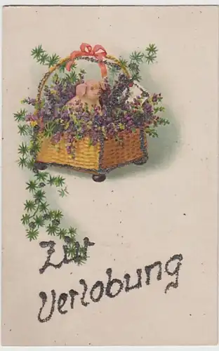 (23977) Künstler AK Verlobung, Blütenkorb mit Glücksschwein, vor 1945