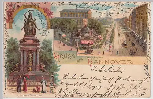 (115548) AK Gruss aus Hannover, Kriegerdenkmal, Café Kröpke 1900